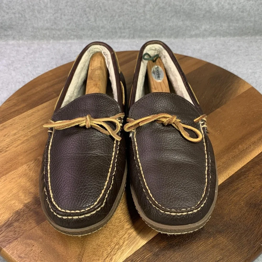 L.L. Bean Shoes Mens 11 Brown Leather Moccasin Fleece Lined Slippers Boat Preppy
